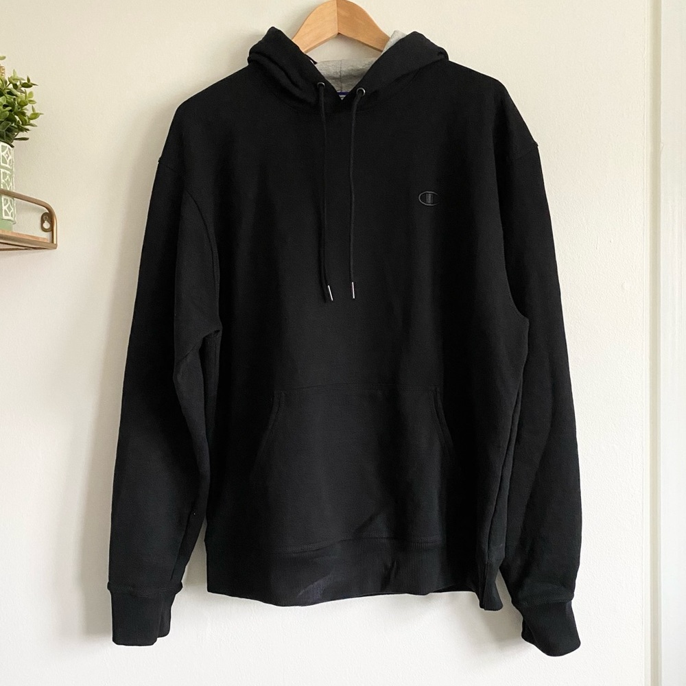 Men's Champion Black Pullover Hoodie | Drawstring Sweatshirt - Picture 2 of 6